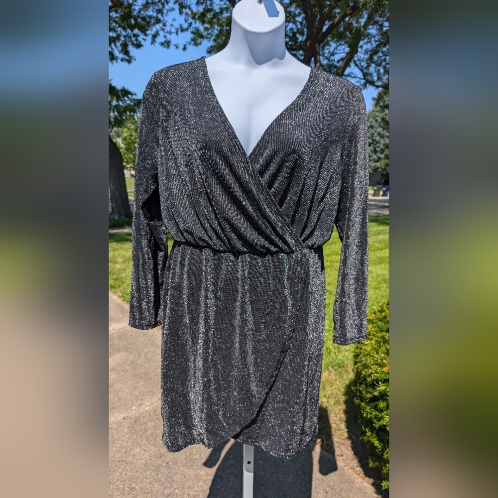 Metallic Deep V Neck Faux Wrap Dress XL NWOT